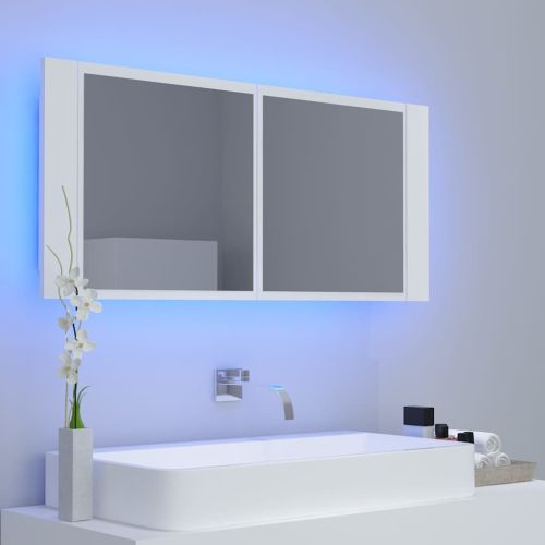 Шкаф с LED огледало за баня, бял, 100x12x45 см, акрил