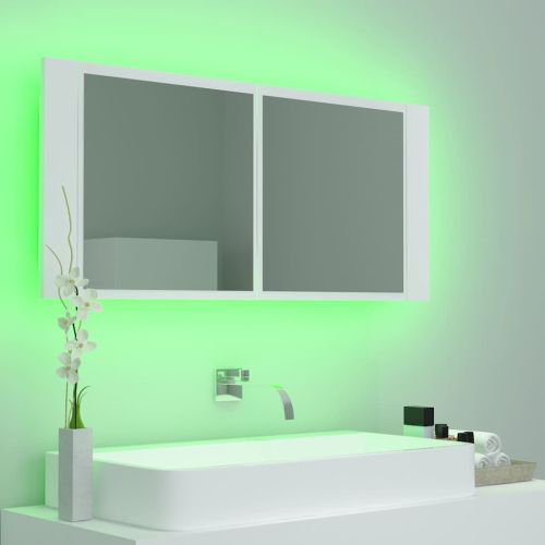 Шкаф с LED огледало за баня, бял, 100x12x45 см, акрил