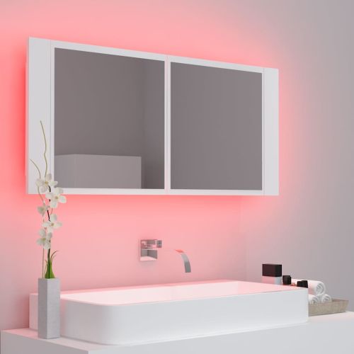 Шкаф с LED огледало за баня, бял, 100x12x45 см, акрил