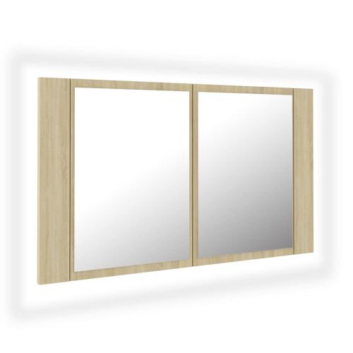 Шкаф с LED огледало за баня, дъб сонома, 80x12x45 см, акрил