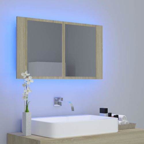 Шкаф с LED огледало за баня, дъб сонома, 80x12x45 см, акрил