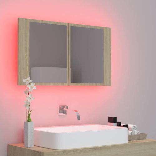 Шкаф с LED огледало за баня, дъб сонома, 80x12x45 см, акрил