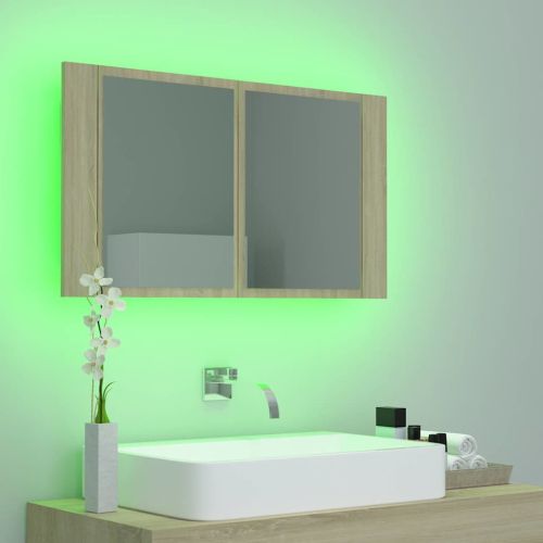 Шкаф с LED огледало за баня, дъб сонома, 80x12x45 см, акрил