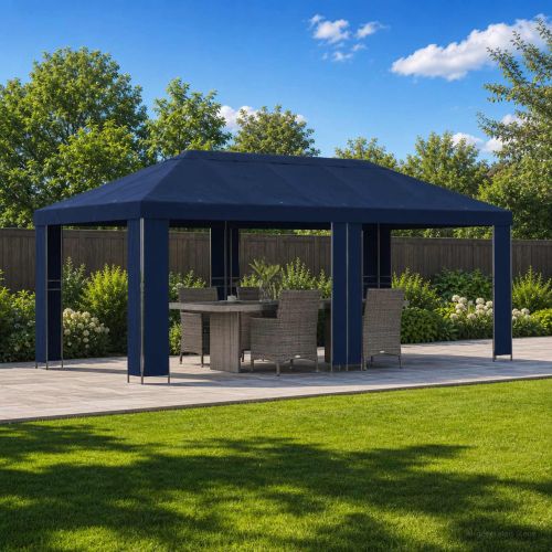 Градинска беседка 6 x 3 m Синьо Полиестер и стомана 190 gsm