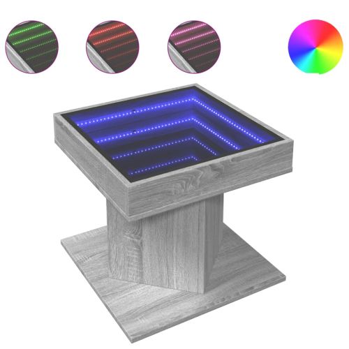 Маса за кафе с LED, сив сонома, 50x50x45 см, инженерно дърво