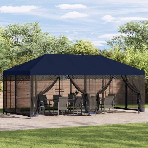 Беседка със страници 6 x 3 m Синьо Полиестер и стомана 190 gsm