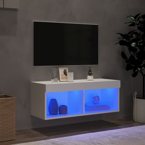 ТВ шкаф с LED осветление, бял, 80x30x30 см