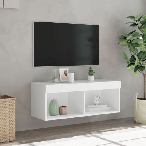 ТВ шкаф с LED осветление, бял, 80x30x30 см