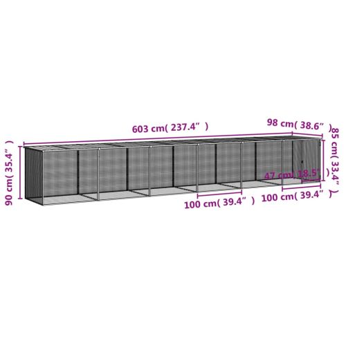 Клетка за пилета с покрив светлосива 603x98x90 см стомана