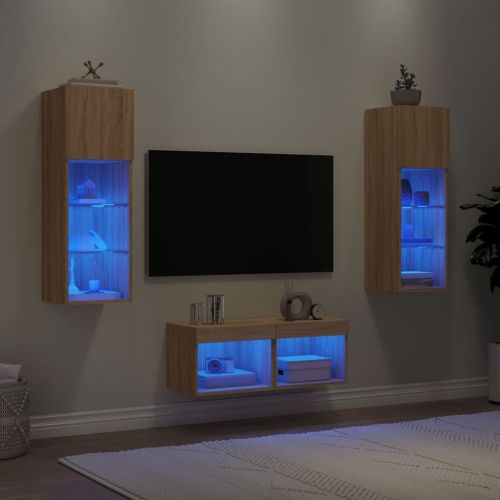 ТВ стенни шкафове, 4 части, с LED светлини, сонома дъб