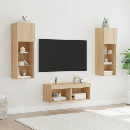 ТВ стенни шкафове, 4 части, с LED светлини, сонома дъб