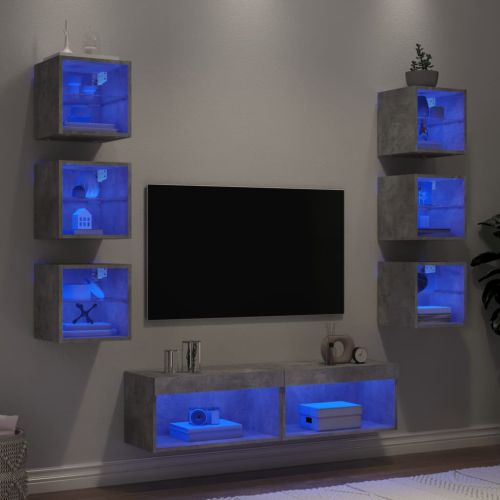 ТВ стенни модули с LED, 8 части, бетонно сиви, инженерно дърво