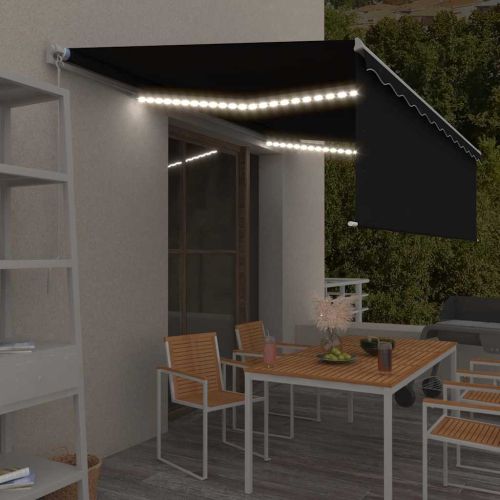 Ръчно прибиращ се сенник с щори и LED, 5x3 м, антрацит