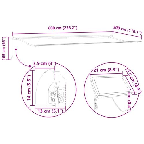 Ръчно прибираща се тента с LED, антрацит и бял, 600x300 см