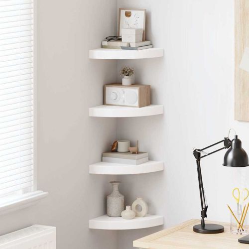 Плаващи ъглови рафтове, 4 бр., бяло, гланц, 25x25x3,8 см, MDF