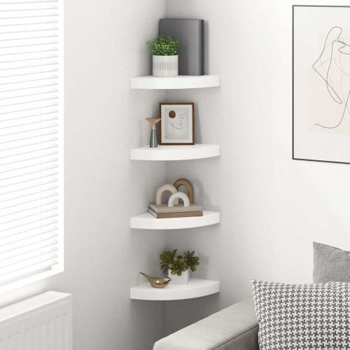 Плаващи ъглови рафтове, 4 бр., бяло, гланц, 25x25x3,8 см, MDF