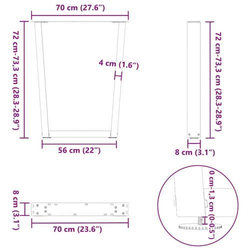 Крака за трапезна маса, V-образни, 2 бр., естествена стомана, 70 x (72-73,3) см, стомана