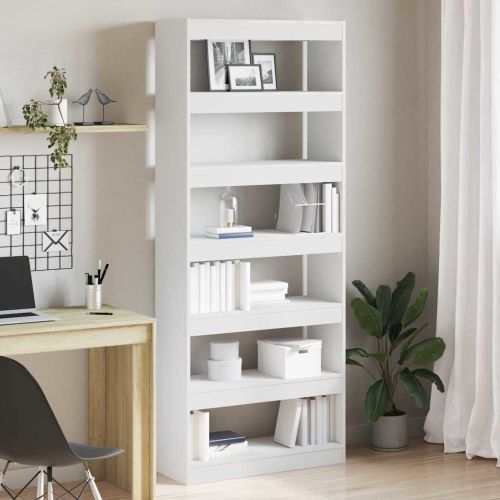 Шкаф за книги 6 нива 80 x 30 x 198 см Инженерна дървесина Бяло