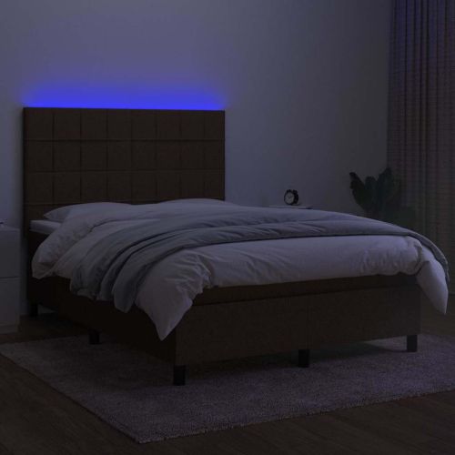 Боксспринг легло с матрак и LED, тъмнокафяво, 140x190 см, плат