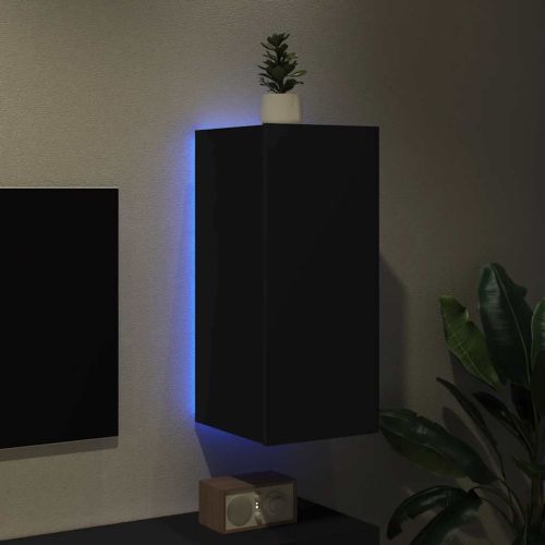 Стенен ТВ шкаф с LED осветление, черен, 30,5x35x70 см
