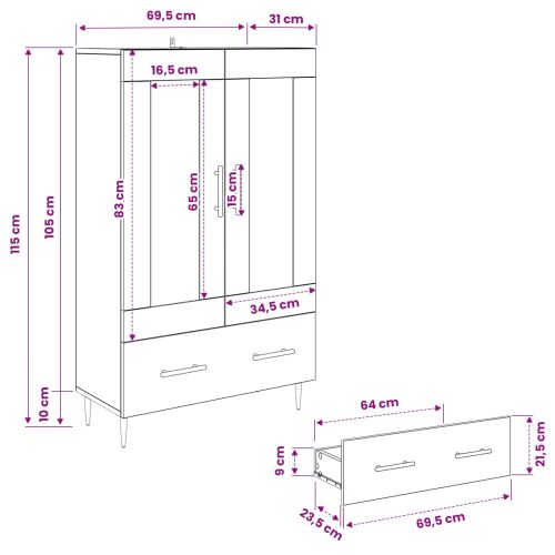 Висок шкаф Дъб 69,5 x 31 x 115 см Инженерна дървесина и стъкло
