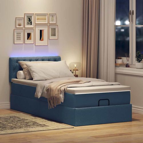 Османска легло с матрак и LED, синьо, 90x200 см, плат