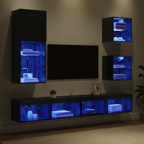 ТВ стенни единици с LED 5 бр. Черния дъб 100 x 30 x 30 cm