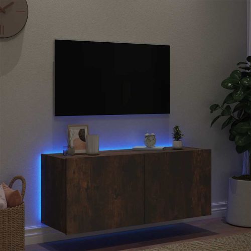 Стенен ТВ шкаф с LED осветление, опушен дъб, 100x35x31 см