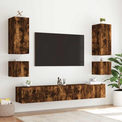 Стенен ТВ шкаф с LED осветление, опушен дъб, 100x35x31 см