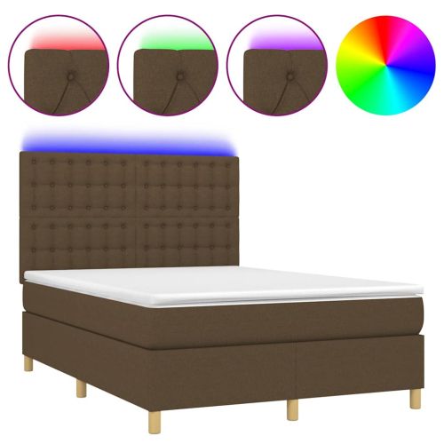 Боксспринг легло с матрак и LED, тъмнокафяво, 140x190 см, плат