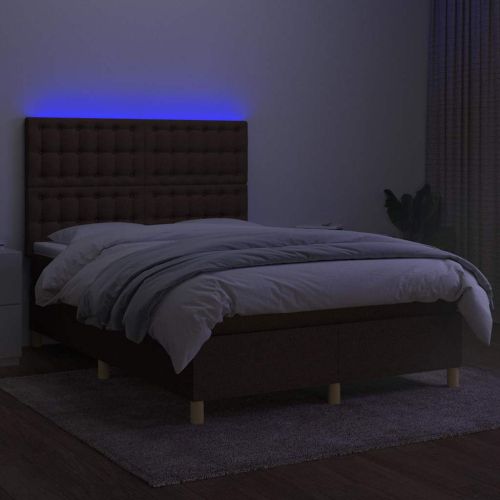 Боксспринг легло с матрак и LED, тъмнокафяво, 140x190 см, плат