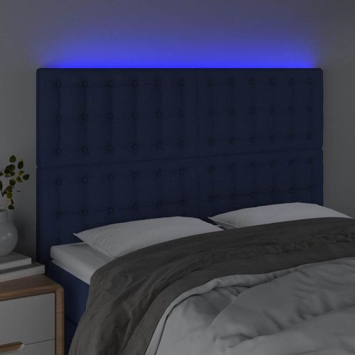 LED горна табла за легло, синя, 144x5x118/128 см, плат