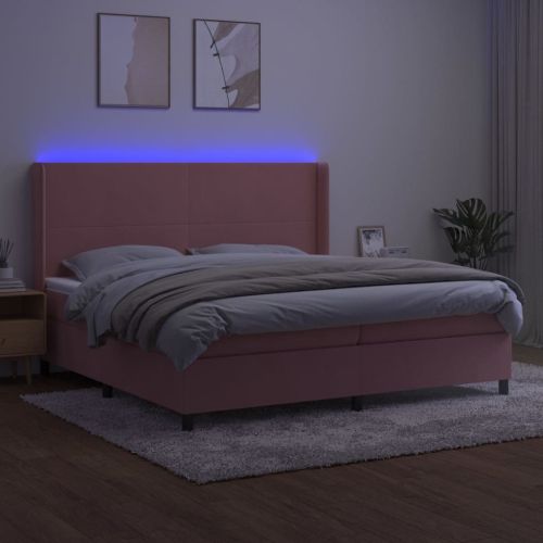 Боксспринг легло с матрак и LED, розово, 200x200 см, кадифе