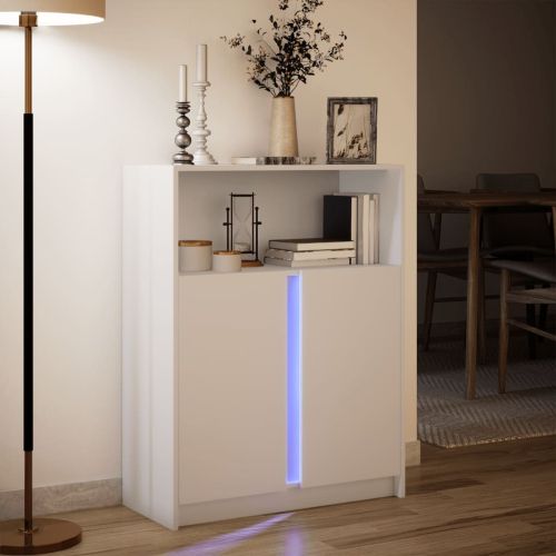 Сайдборд с LED, бял, 77x34x100 см, инженерно дърво