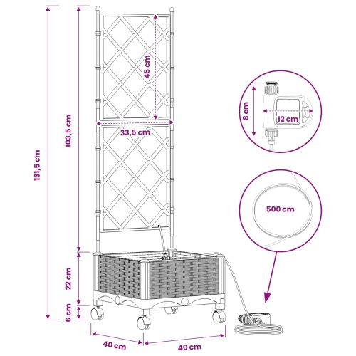 Градинска саксия с напояване и колела Бяло 40 x 40 x 132 см ПП