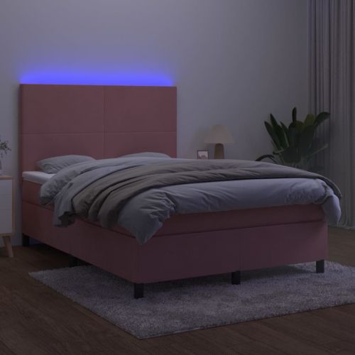 Боксспринг легло с матрак и LED, розово, 140x190 см, кадифе