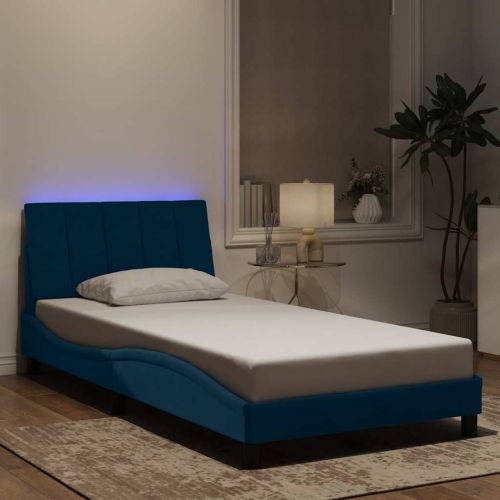 Рамка за легло с LED осветление без матрак Hanko, синя, 100x200 см, кадифе