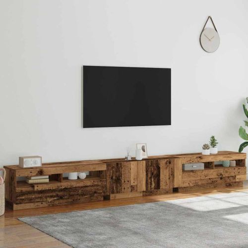 ТВ шкаф с LED осветление, старо дърво, 300x35x40 см, инженерно дърво