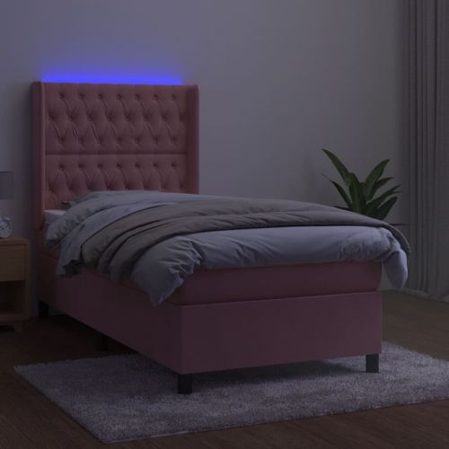 Боксспринг легло с матрак и LED, розово, 90x200 см, кадифе