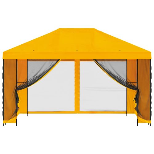 Градинска беседка със стени 4 × 3 m Жълто Полиестер и стомана