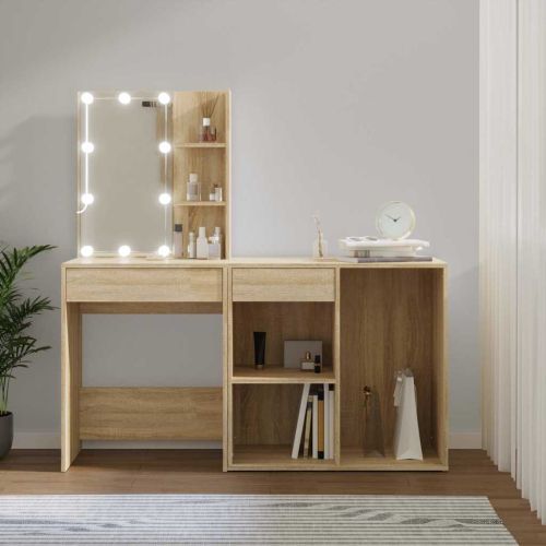 LED тоалетка с шкаф, дъб сонома, инженерно дърво
