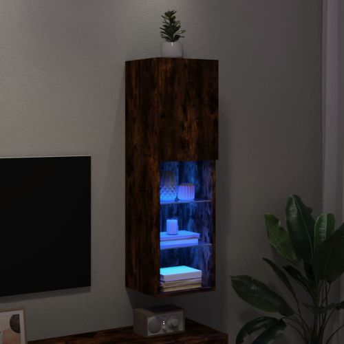 ТВ шкаф с LED осветление, опушен дъб, 30,5x30x102 см