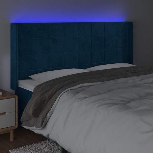 LED горна табла за легло, тъмносиня, 203x16x118/128 см, кадифе