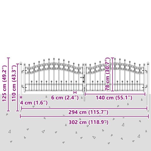 Врата за ограда с връх под формата на копие KAMPEN 305 x 78 cm