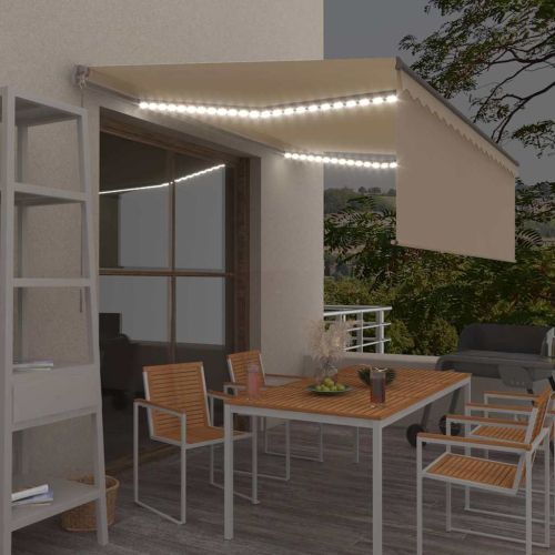 Ръчно прибиращ се сенник с щора и LED, 4x3 м, кремав
