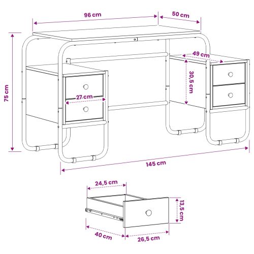 Бюро с място за съхранение Сив Сонома 145 x 50 x 75 см