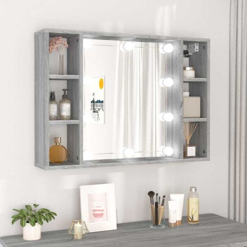 Огледален шкаф с LED,Сив сонома, 76x15x55 см