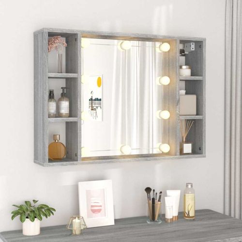 Огледален шкаф с LED,Сив сонома, 76x15x55 см
