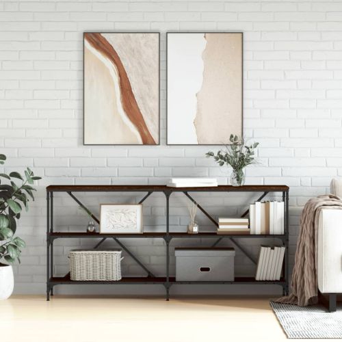Конзолна маса кафяв дъб 160x30x75 см инженерно дърво и желязо