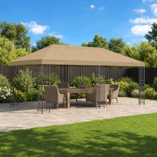 Градинска беседка 6 x 3 m Бежово Полиестер и стомана 190 gsm